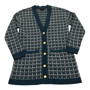 Talbots Gorgeous Teal Gray Woven Plaid Merino Wool Cardigan Pockets SP Small EUC